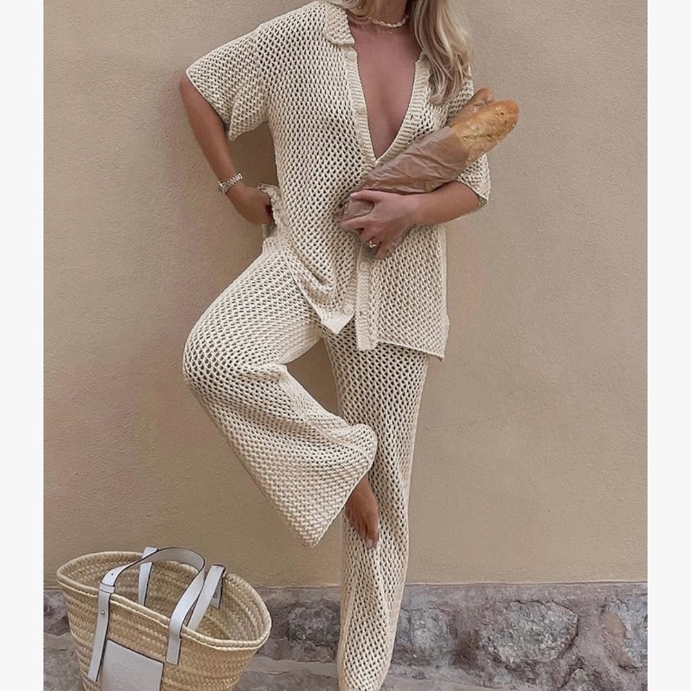 Tan crocheted 2 piece cover up set